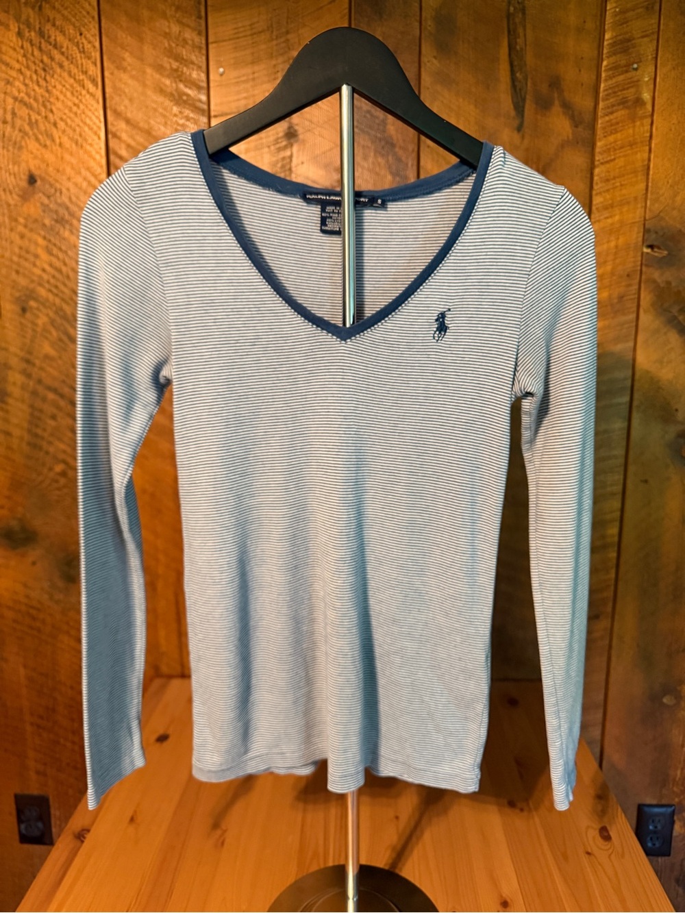 Vtg Ralph Lauren Sport Striped V Neck Long Sleeve Top Navy White Y2K Preppy S